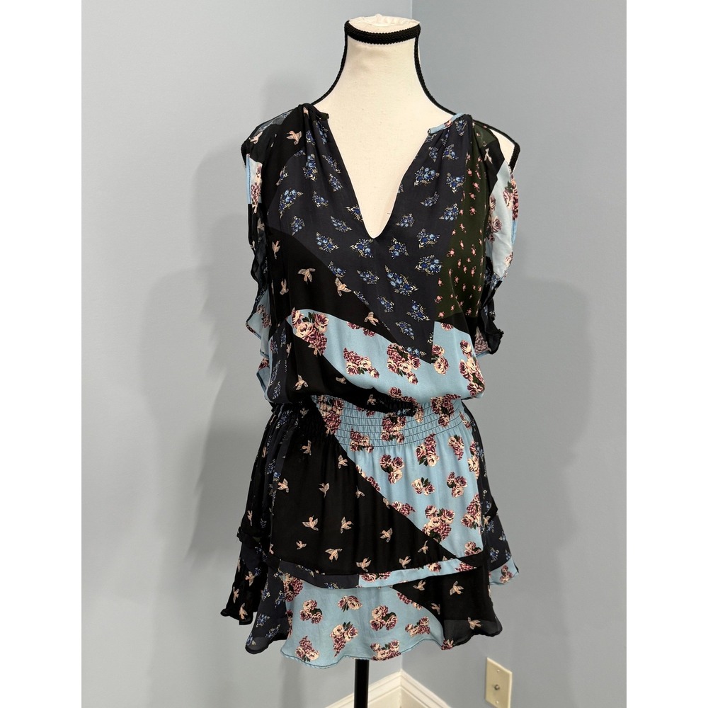 Parker Anastasia Patchwork Silk Dress XS Cold Shoulder Smocked Waist Fairycore